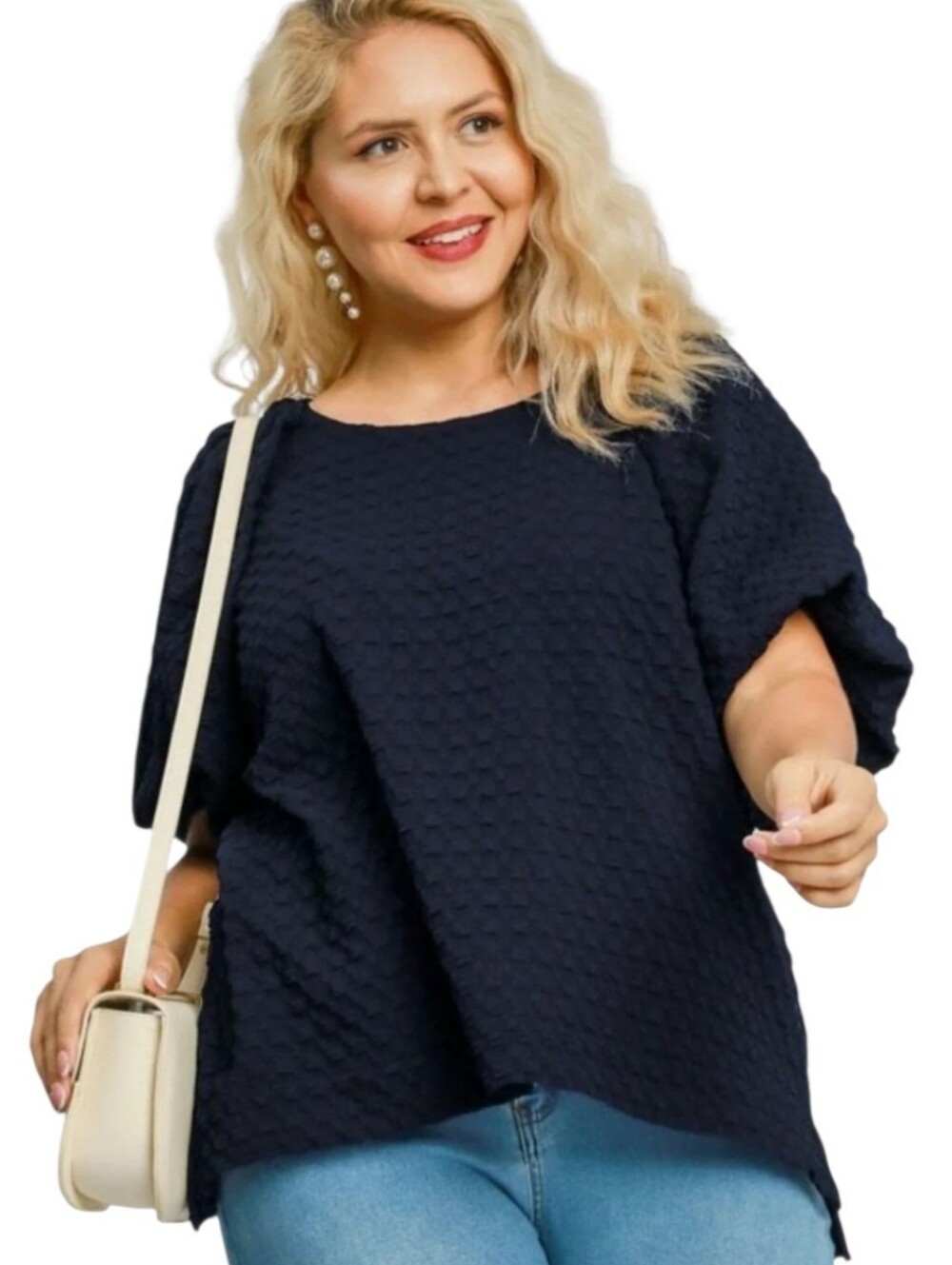 Women's Umgee Navy Blue Puff Sleeve Top Sz Large